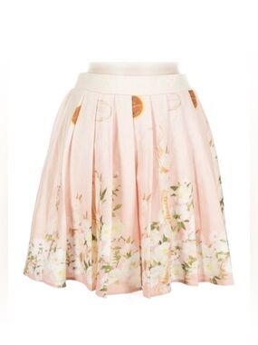 A PEACH ~ Light Pink Floral Pleated Skirt Side Zipper and Elastic Waistband Back